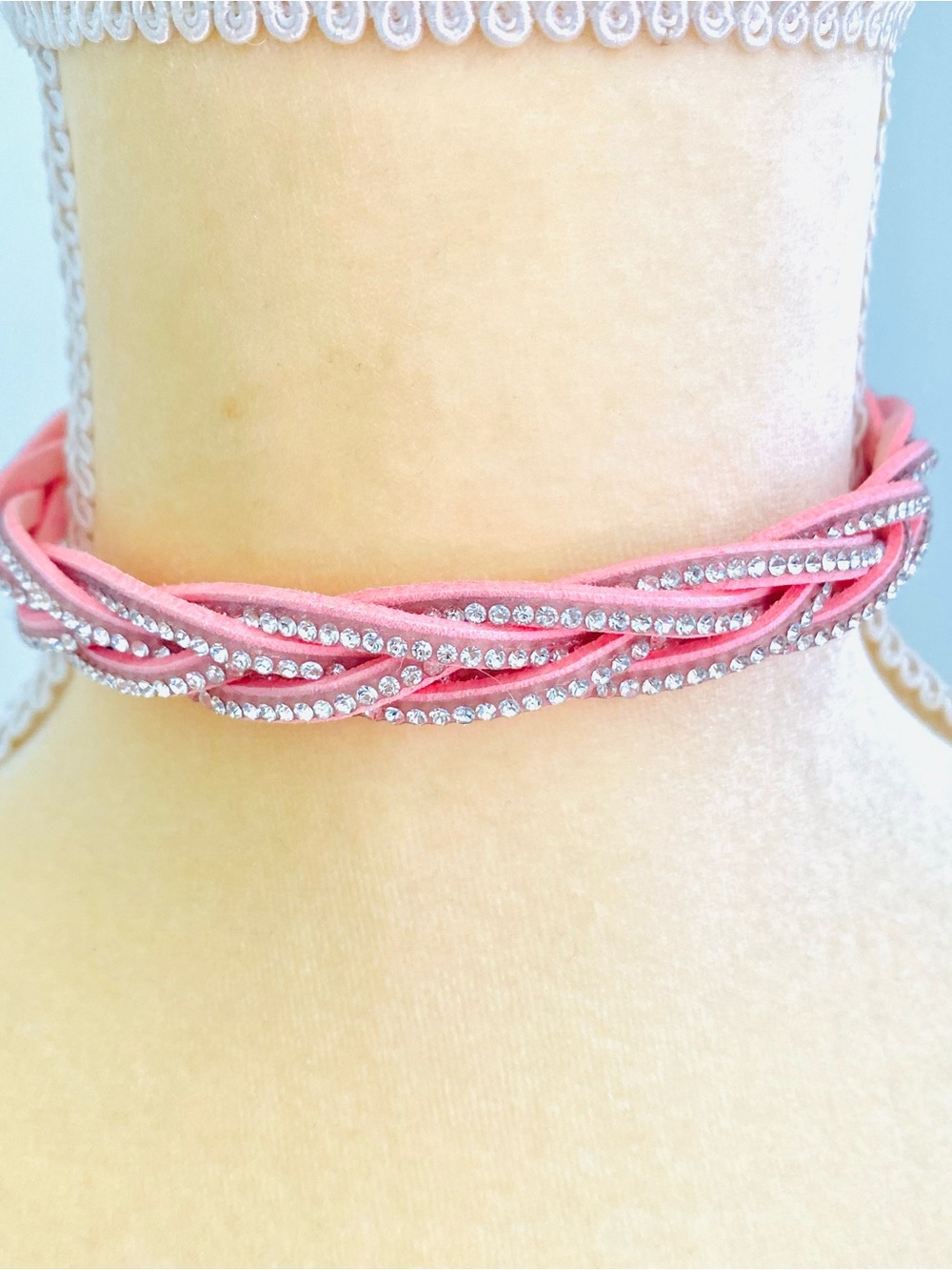 💕Pretty Pink Braided Crystal Choker Necklace SZ OS